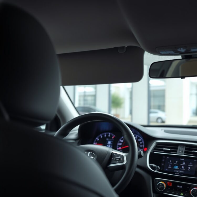 A close-up of a car's dashboard showing advanced safety features like airbags and electronic stability control, in a well-lit showroom.