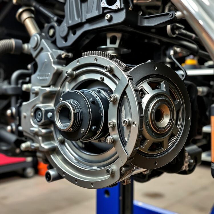 A close-up of a Corsa VXR's gearbox and clutch assembly, highlighting the mechanical components in a workshop setting.