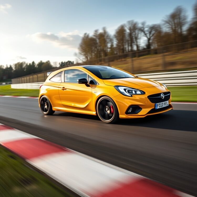 A high-performance Vauxhall Corsa VXR speeding on a racetrack, showcasing its agility and speed.