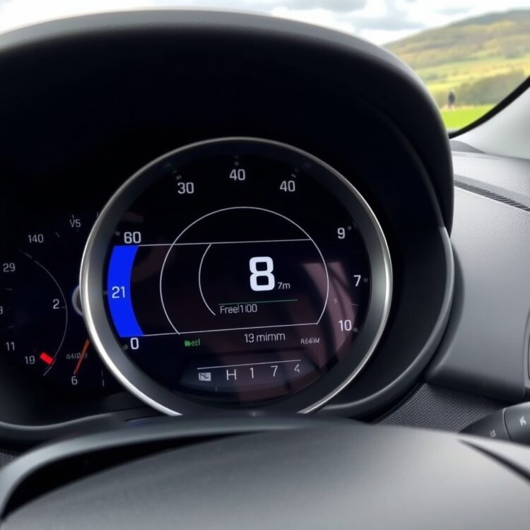 A close-up of the Vauxhall Corsa VXR's dashboard displaying fuel efficiency metrics, with a scenic road in the background.