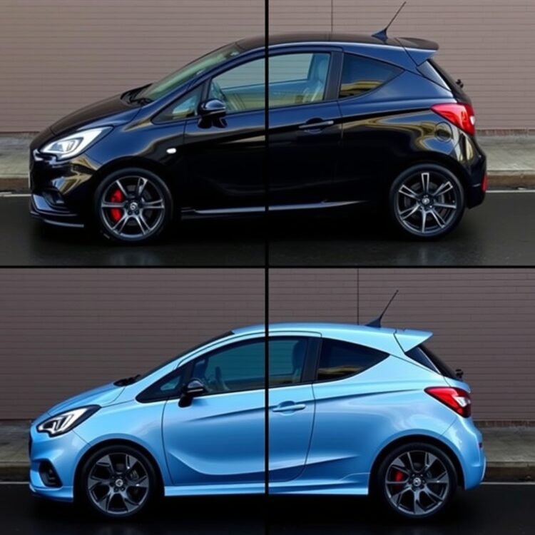 Side-by-side comparison of a Vauxhall Corsa VXR parked next to a competitor car, highlighting design and features differences.