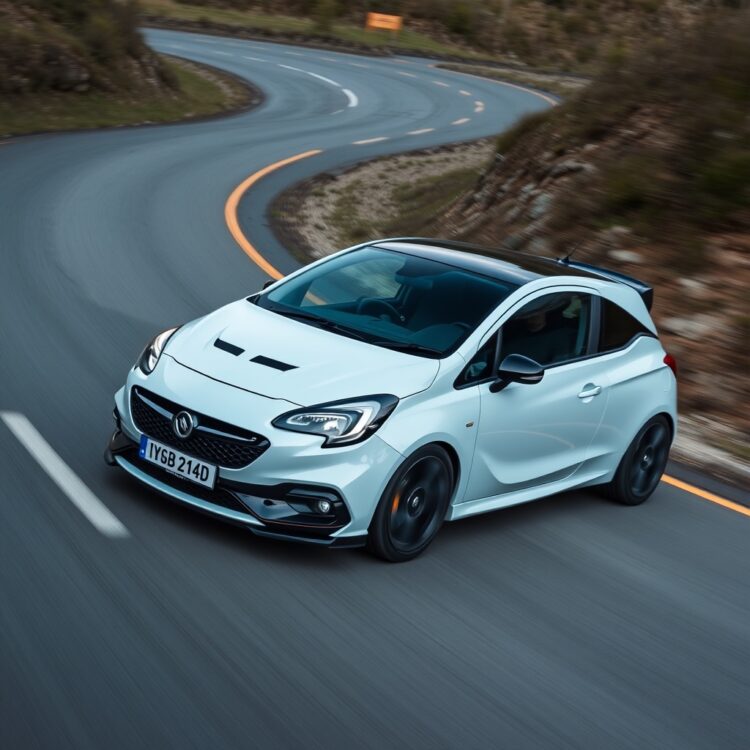 A sleek, high-performance Vauxhall Corsa VXR in motion on a winding road, showcasing its dynamic design and turbocharged engine capabilities.