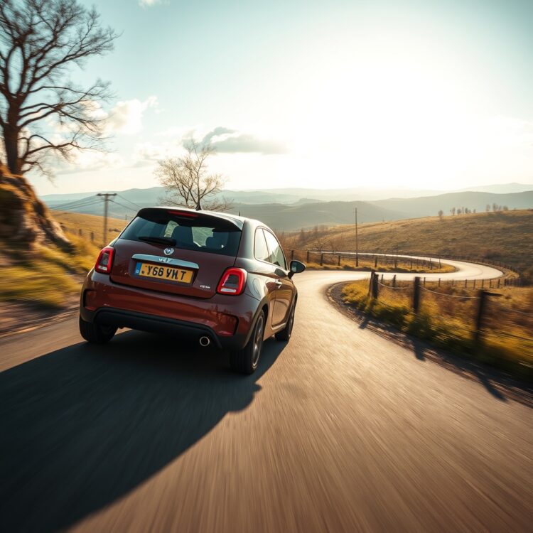 A dynamic shot of a compact car navigating a winding road, showcasing its handling and suspension in a scenic countryside.