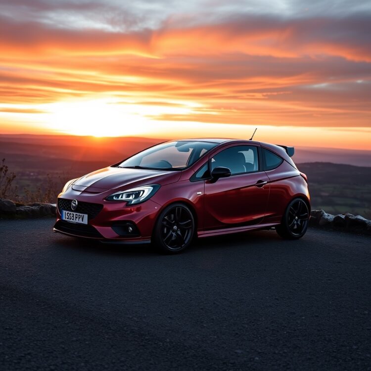A sunset view of a Vauxhall Corsa VXR parked at a scenic overlook, symbolizing the end of an era and the legacy it leaves behind.