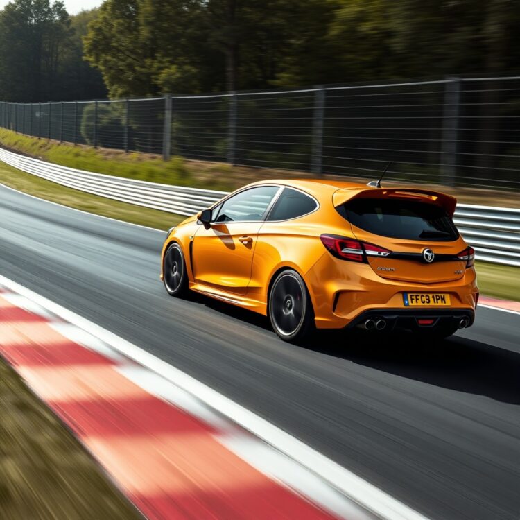 A high-performance Vauxhall Corsa VXR speeding on a racetrack, showcasing its agility and speed.
