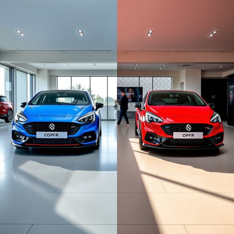 Side-by-side comparison of the last Corsa VXR model with its immediate predecessor, focusing on design and technological differences in a well-lit showroom setting.