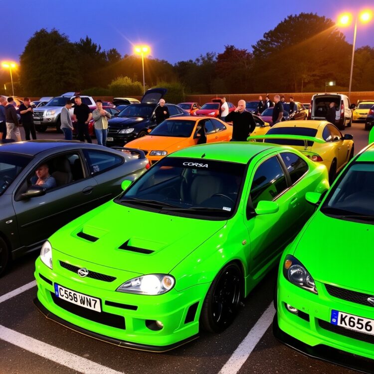 A group of Corsa VXR enthusiasts gathered at a car meet, showcasing various models and modifications, under the warm glow of evening lights.