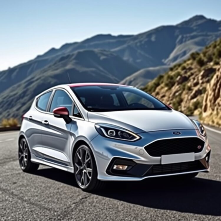 A sleek, high-performance Ford Fiesta ST parked on a scenic mountain road, showcasing its dynamic design and sporty stance under clear blue skies.