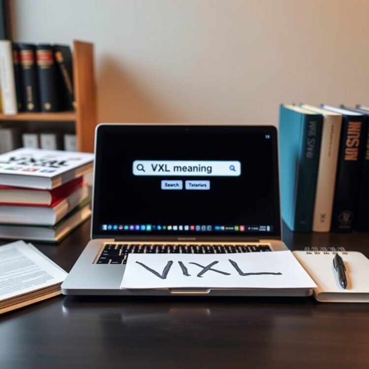 A professional workspace with a laptop displaying a search for 'VXL meaning', surrounded by books and a notepad with the acronym VXL written on it.