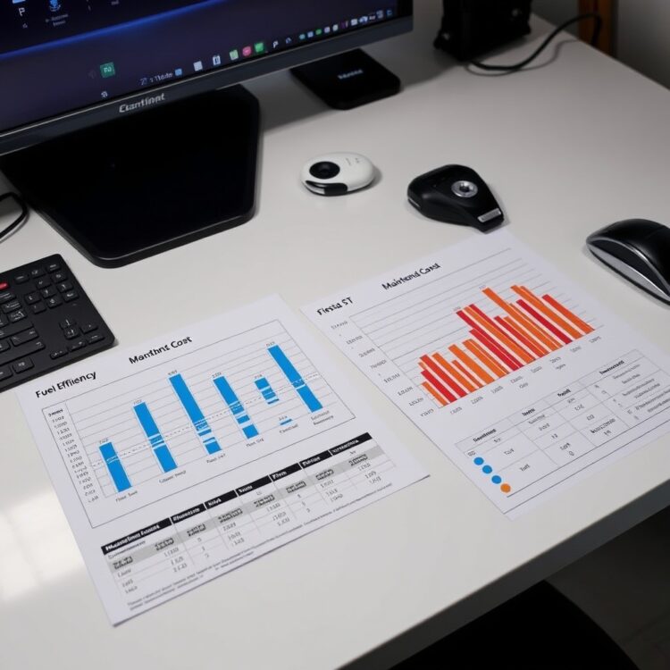 A detailed comparison of fuel efficiency charts and maintenance cost graphs for the Corsa VXR and Fiesta ST, laid out on a clean, professional desk.