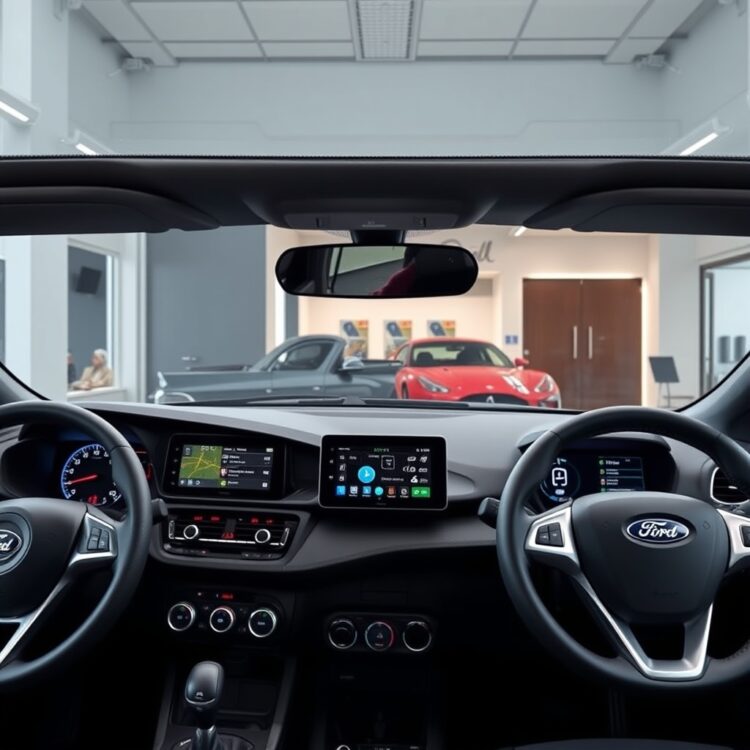 A modern dashboard view of the Corsa VXR and Fiesta ST side by side, highlighting their infotainment systems and tech features in a well-lit showroom setting.