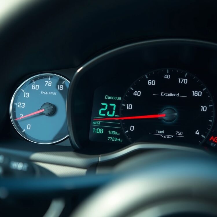 A close-up of a car's fuel gauge and dashboard displaying excellent fuel economy metrics during a highway drive.