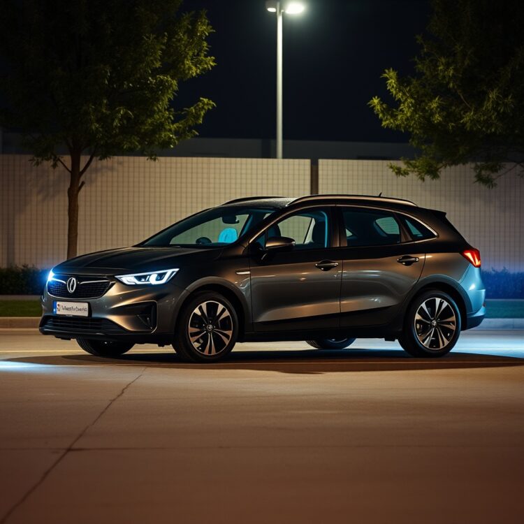 A modern car equipped with advanced safety features, parked in a well-lit area highlighting its safety technologies.