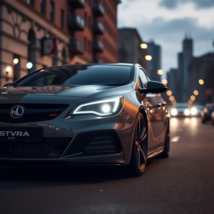 A sleek Astra VXR parked on an urban street at dusk, highlighting its aggressive front grille and LED lighting with a blurred cityscape in the background.