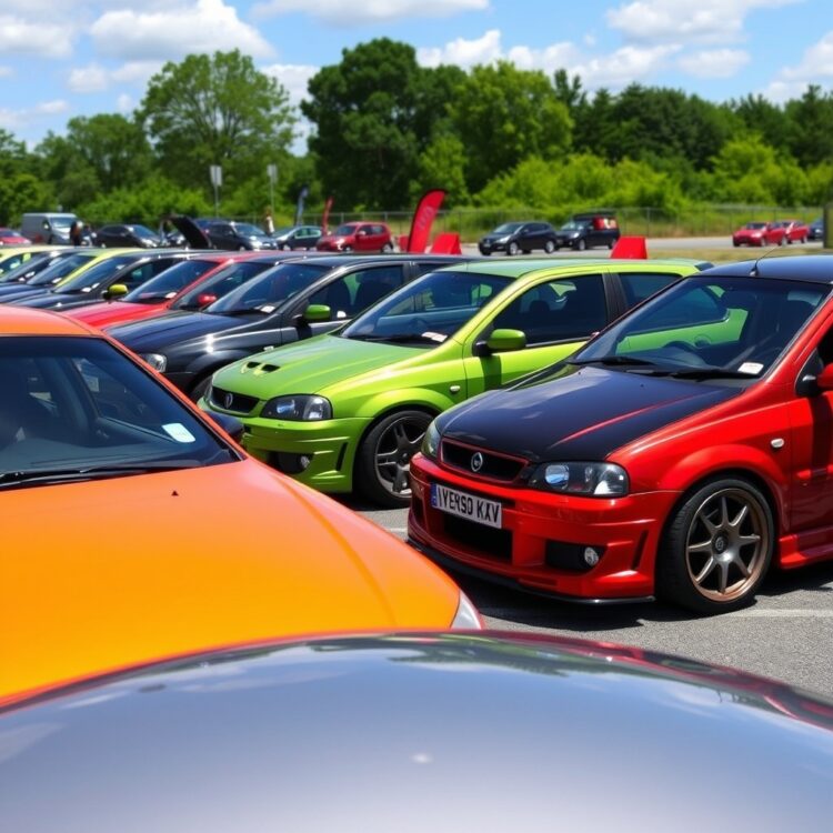A group of VXR owners at a car meet, with their Corsa and Astra VXRs lined up, showcasing a variety of colors and modifications under a sunny sky.