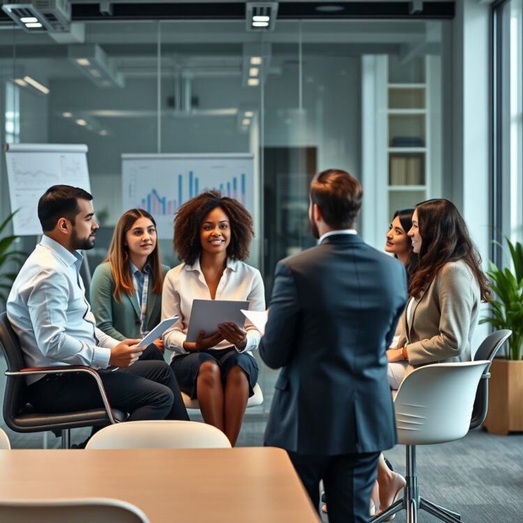 A diverse group of professionals discussing the impact of VXL in a modern office setting, with charts and graphs visible in the background.