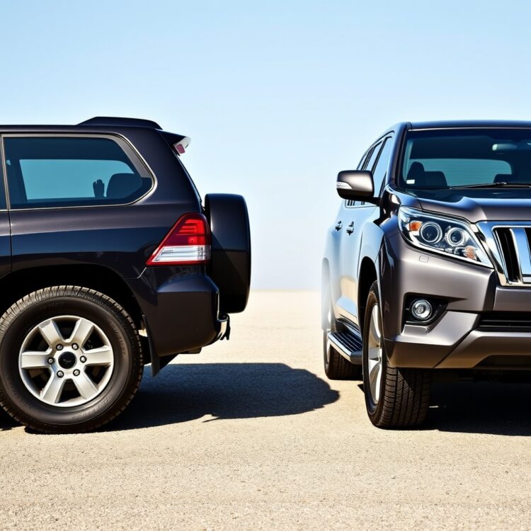 A professional stock photo of two Toyota Land Cruiser Prado models side by side, highlighting their exterior differences under clear daylight.