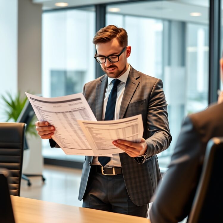 A professional stock photo of a financial analyst comparing price lists of Toyota Land Cruiser Prado VX and VXL models in a modern office setting.
