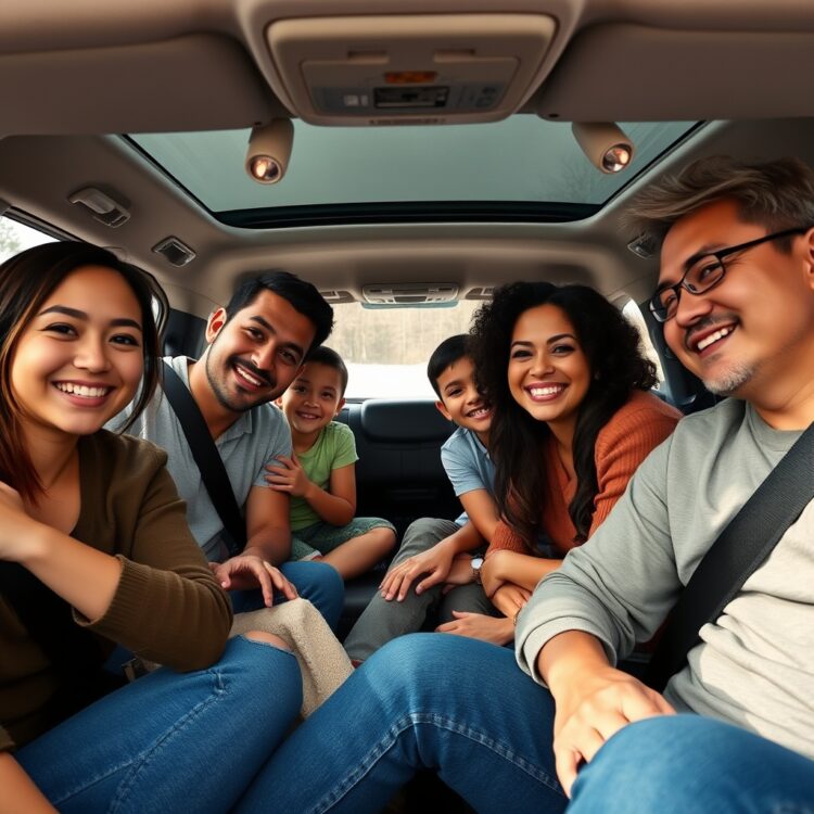A professional stock photo of a happy family inside a Toyota Land Cruiser Prado, showcasing the vehicle's spacious interior and comfort features.