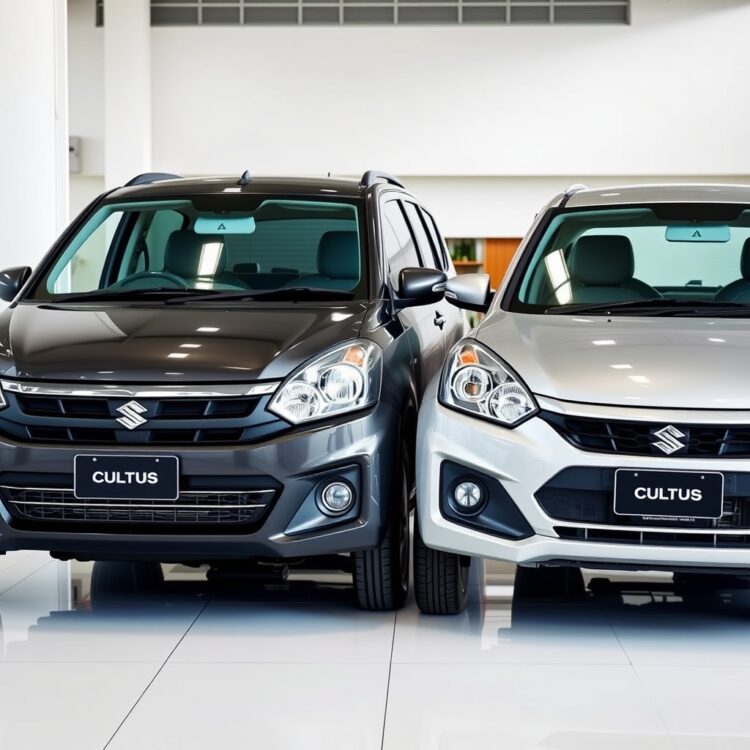 A professional stock photo of two Suzuki Cultus models side by side in a showroom, highlighting their differences in design and features without any text.