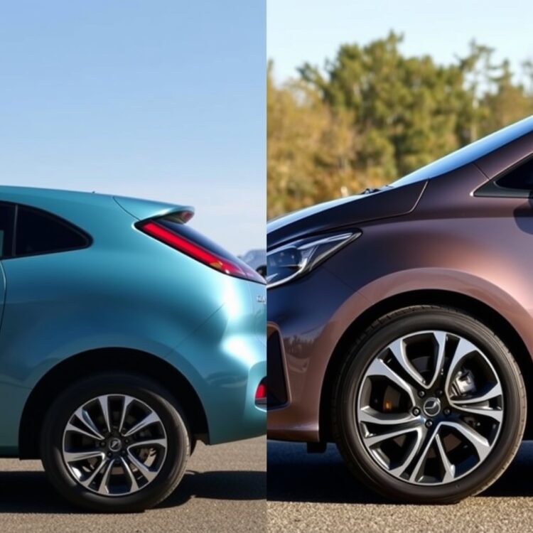 A side-by-side comparison of two compact cars highlighting their exterior design differences, focusing on body shape, color variations, and wheel designs under natural daylight.