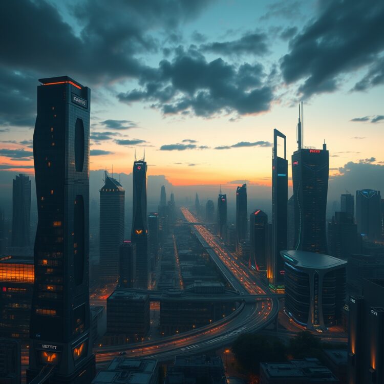 A futuristic cityscape at dusk, symbolizing the potential future applications and meanings of VXL in technology and society.