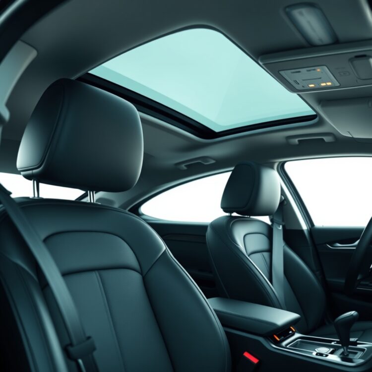 A close-up of a car's safety features including airbags, seat belts, and advanced braking systems, showcasing the technology in a sleek, modern vehicle interior.