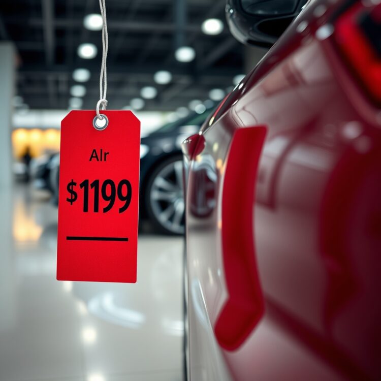 A professional image of a price tag next to a shiny new car, symbolizing value for money with a blurred dealership background.