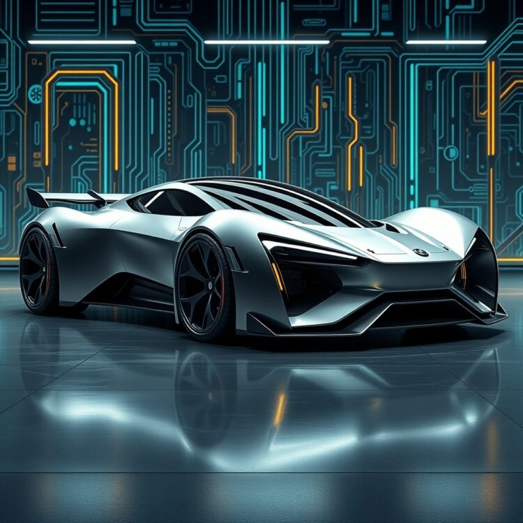 A futuristic concept car with advanced turbocharging technology, set against a high-tech background.