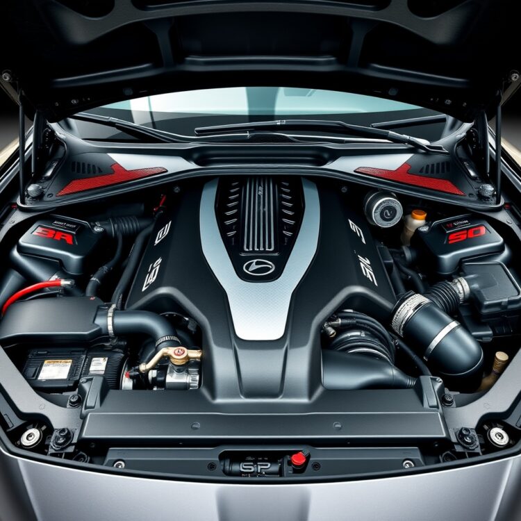 A high-performance car engine with a sleek design, showcasing power and efficiency under the hood, in a professional automotive setting.