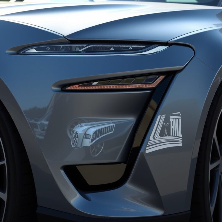 A stylish car exterior with aerodynamic lines and advanced lighting features, captured in a dynamic angle under natural light.