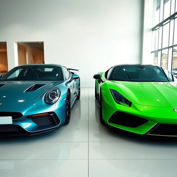 A comparison of two luxury cars side by side in a showroom, highlighting their design and value proposition.