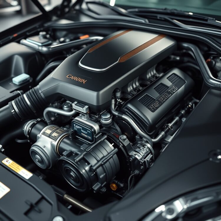 A high-performance car engine with a focus on detail, showcasing power and efficiency in a professional setting.