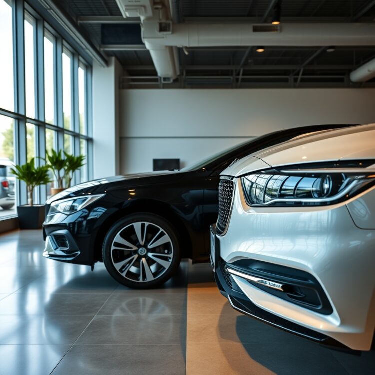 A side-by-side comparison of two car models in a showroom, emphasizing their value and market positioning.