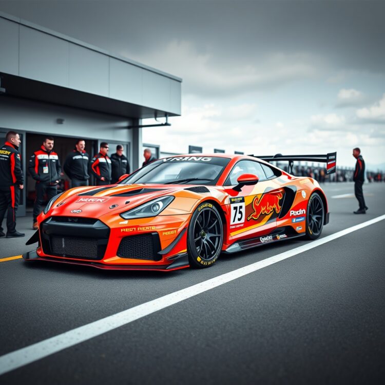 A VXR model in full racing livery, parked in a pit lane with team members around, ready for a motorsport event.