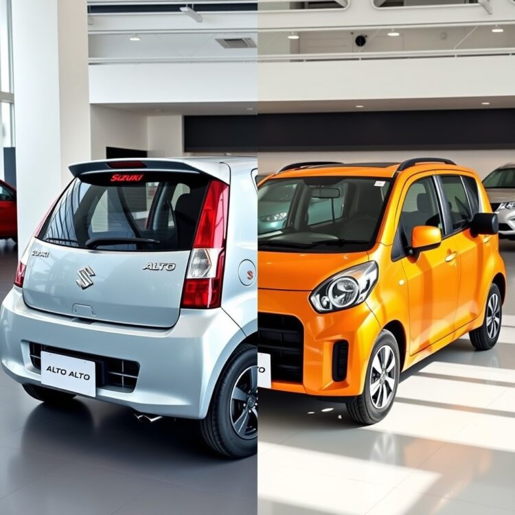 A side-by-side comparison of two Suzuki Alto models, focusing on their distinct features and design elements in a showroom setting.