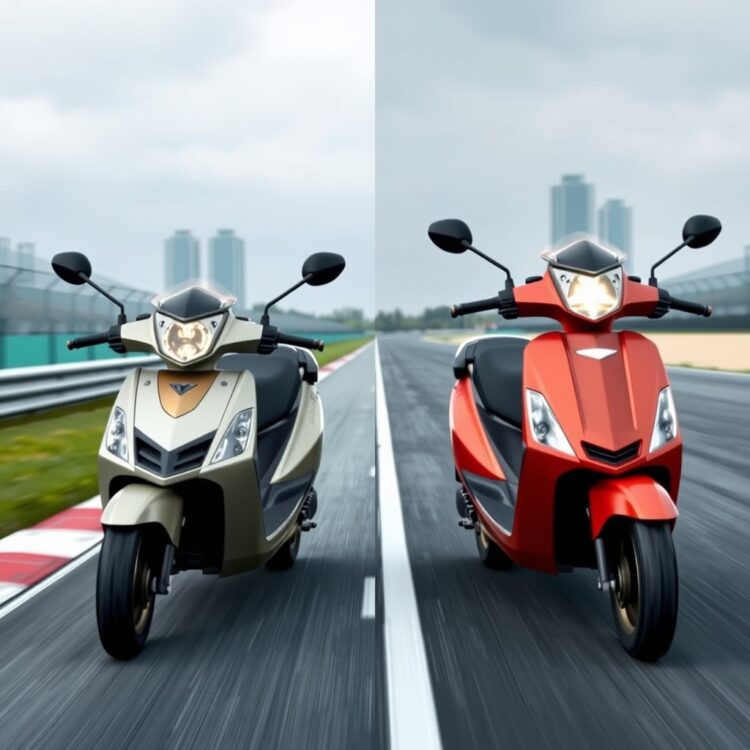 Side-by-side comparison of a VXL scooter with other high-speed models on a racetrack, highlighting differences in design and speed.
