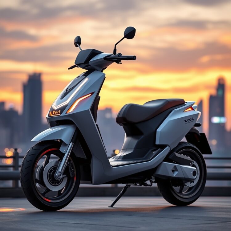 A futuristic concept image of a next-generation VXL scooter with advanced features, set against a cityscape at dusk.