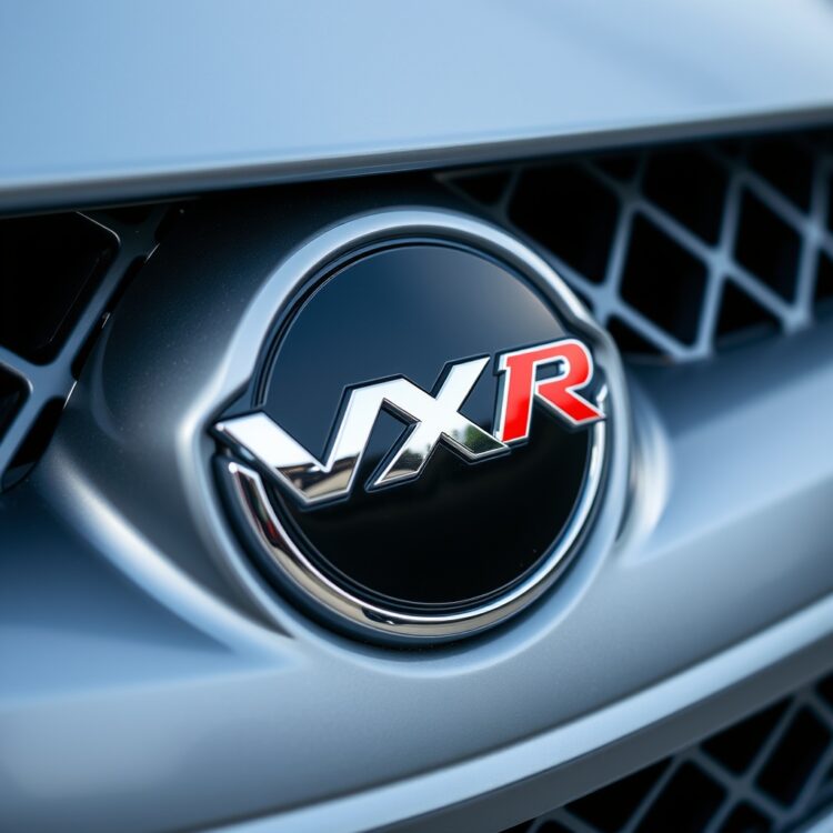 A close-up shot of a VXR badge on a car's grille, highlighting its design and placement.