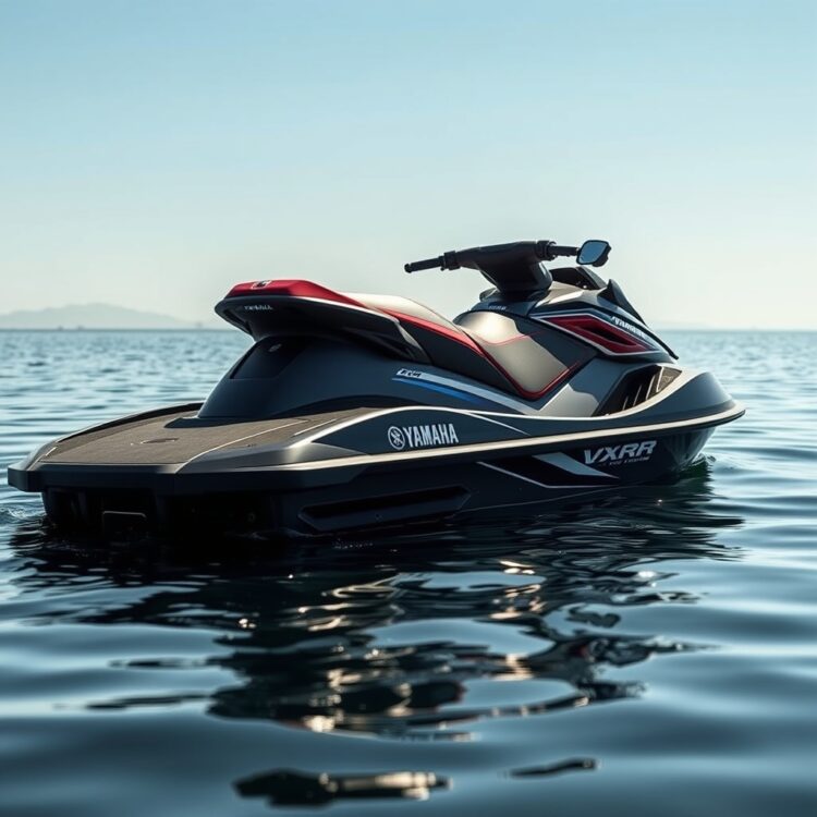 A sleek, side-profile shot of a Yamaha VXR Pro 700 jet ski on calm water, highlighting its hull and top deck design under sunlight.