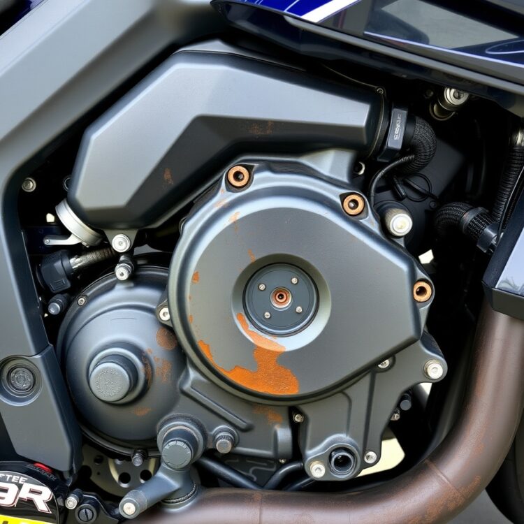 A close-up, detailed image of a Yamaha VXR Pro 700 engine bay, showing common problem areas with a focus on wear and tear.