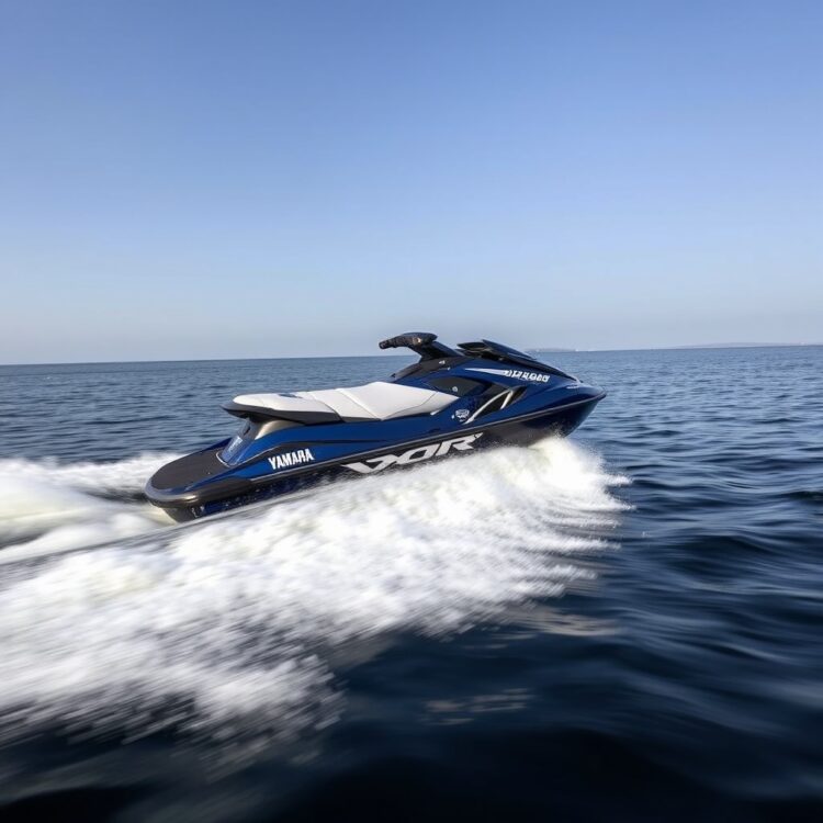 A dynamic action shot of a Yamaha VXR Pro 700 speeding across open water, showcasing its performance and speed capabilities.