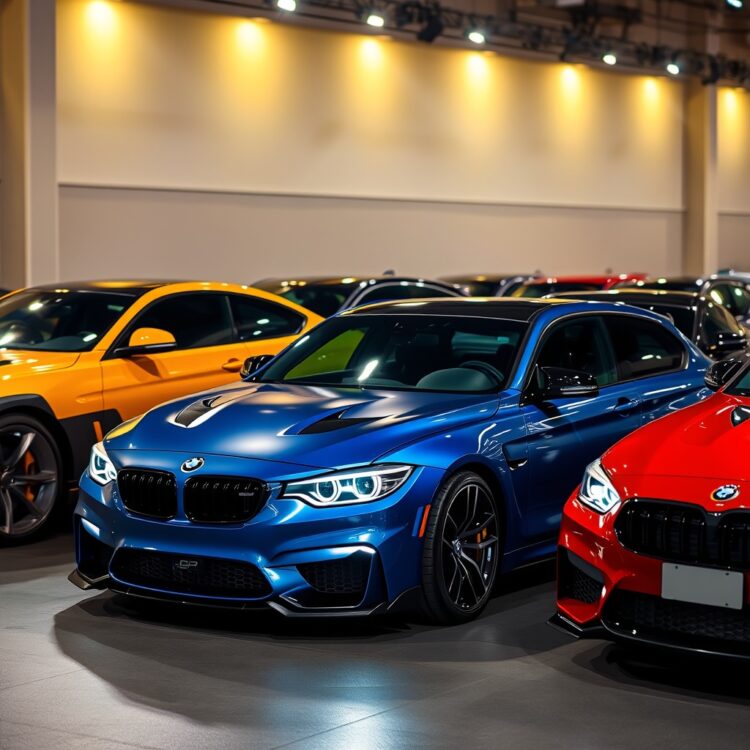A lineup of special edition cars under bright show lights, highlighting their unique features and designs.