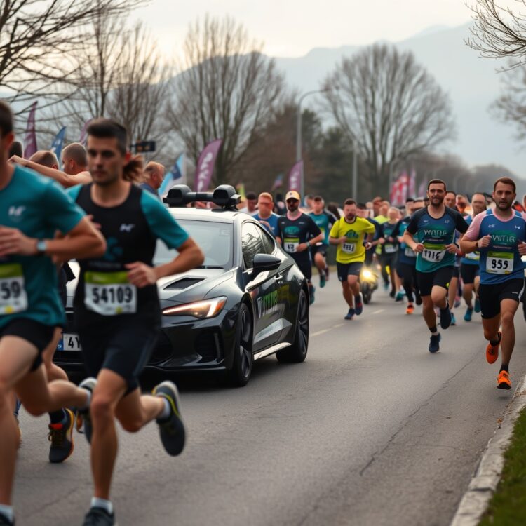 A group of runners participating in a charity race, with a VXR car leading the event, symbolizing community and support.