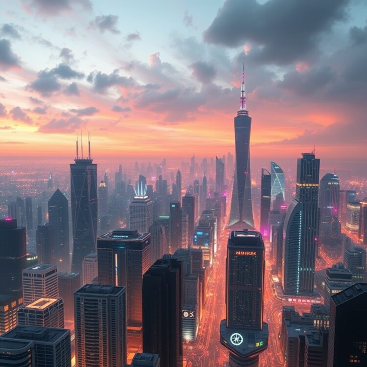 A futuristic cityscape with digital overlays, illustrating the potential growth and innovations in VXL technology.