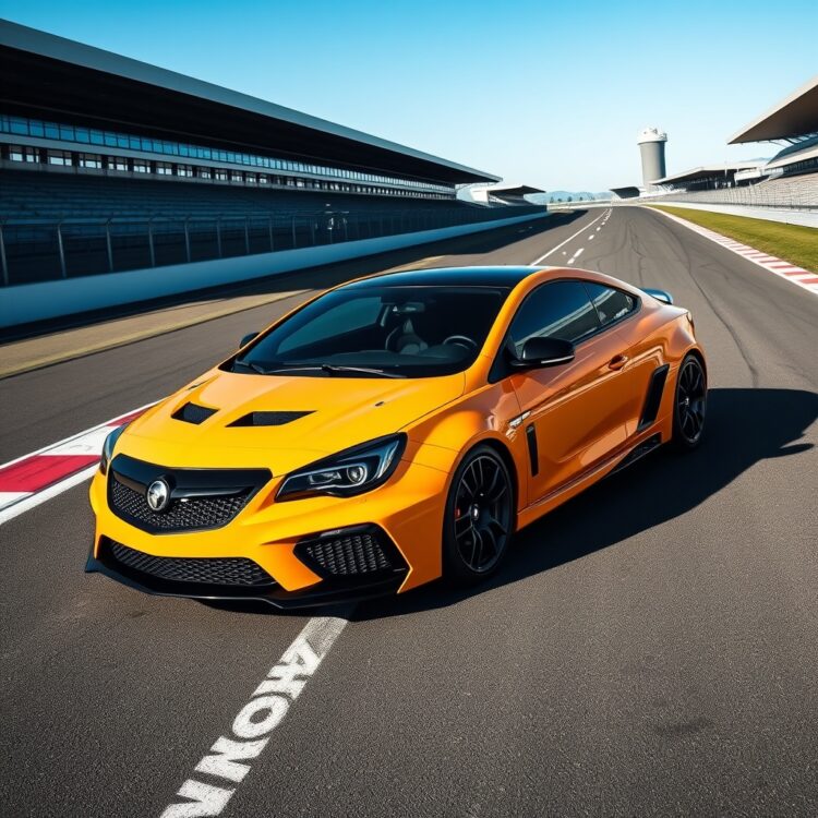 A sleek, high-performance Vauxhall VXR8 parked on a racetrack, showcasing its aggressive stance and vibrant colour under a clear blue sky.