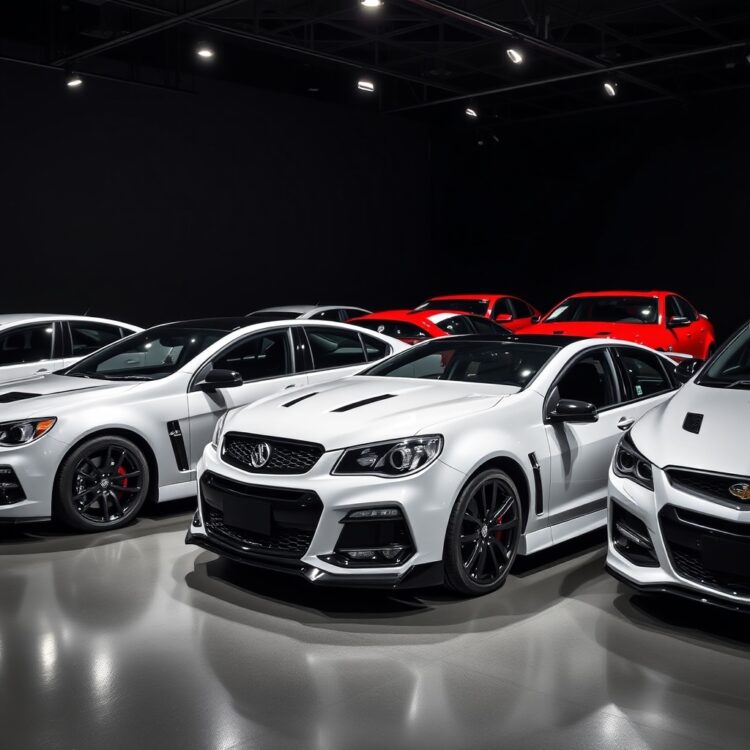 A lineup of HSV models including Clubsport, GTS, and Maloo, displayed in a showroom with dramatic lighting highlighting their unique designs.
