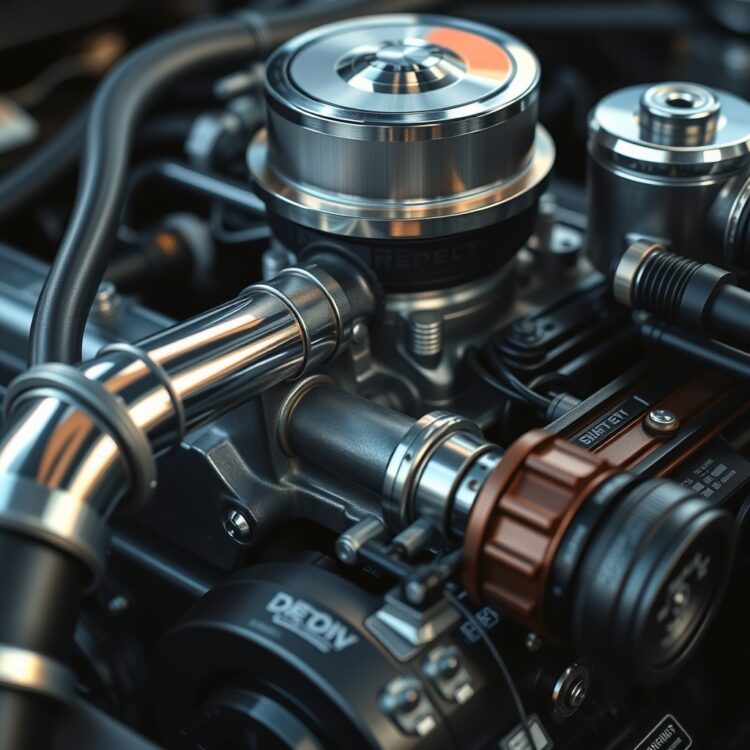 A detailed close-up of a V8 engine's components, focusing on the intricate design and technology that powers these high-performance machines.