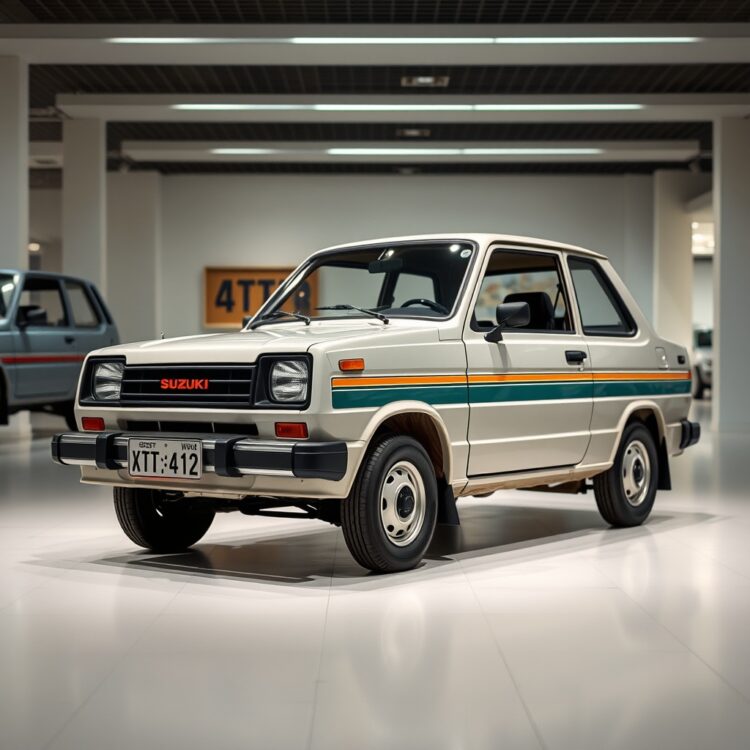 A vintage Suzuki Cultus from the second generation (1988) showcased in a museum setting, emphasizing its classic design and historical significance.