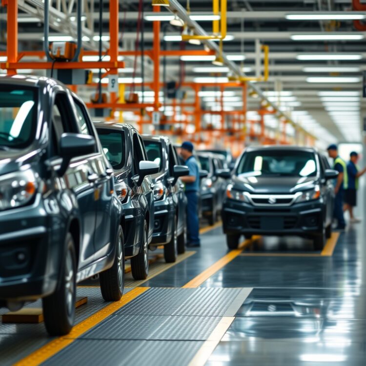 An assembly line in a Suzuki manufacturing plant, focusing on the production process of the Cultus models with workers in the background.